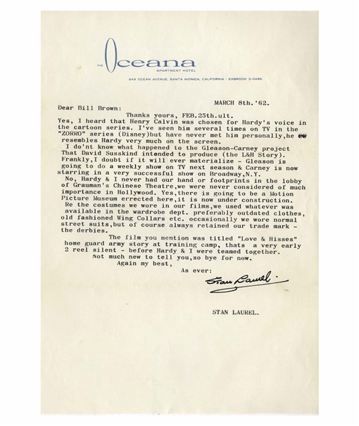 Stan Laurel Letter Signed -- ''...No, Hardy & I never had our hand or footprints in the lobby of Grauman's Chinese Theatre, we were never considered of much importance in Hollywood...''